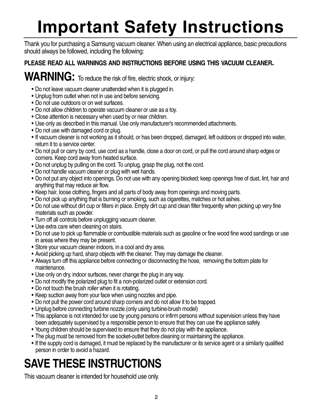 Samsung SU-8500 operating instructions Important Safety Instructions 