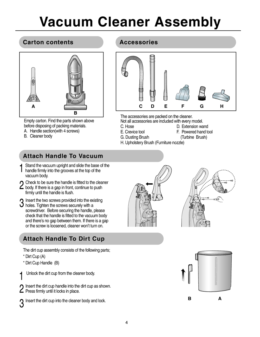 Samsung SU-8500 Vacuum Cleaner Assembly, Carton contents Accessories, Attach Handle To Vacuum, Attach Handle To Dirt Cup 