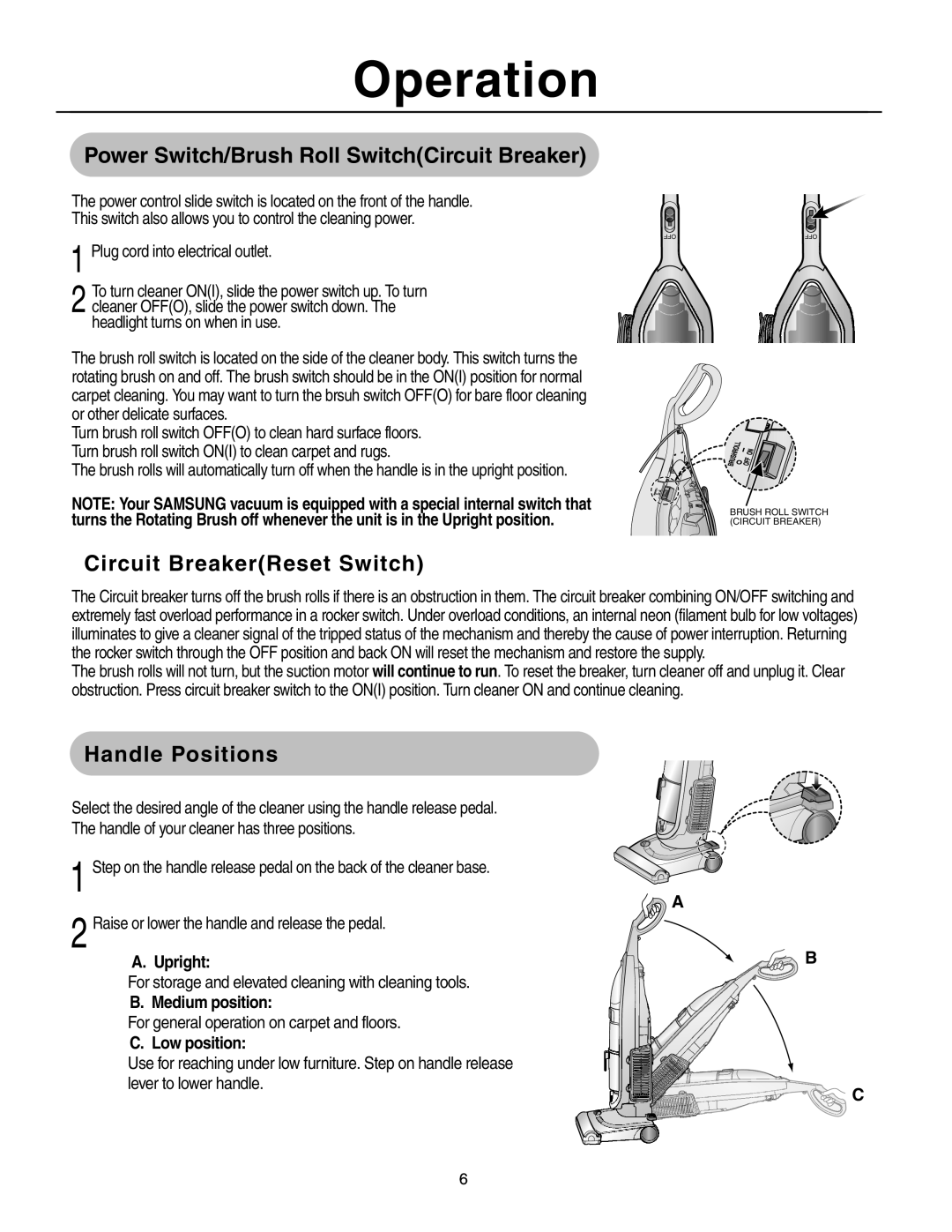 Samsung SU-8500 Operation, Power Switch/Brush Roll SwitchCircuit Breaker, Circuit BreakerReset Switch, Handle Positions 