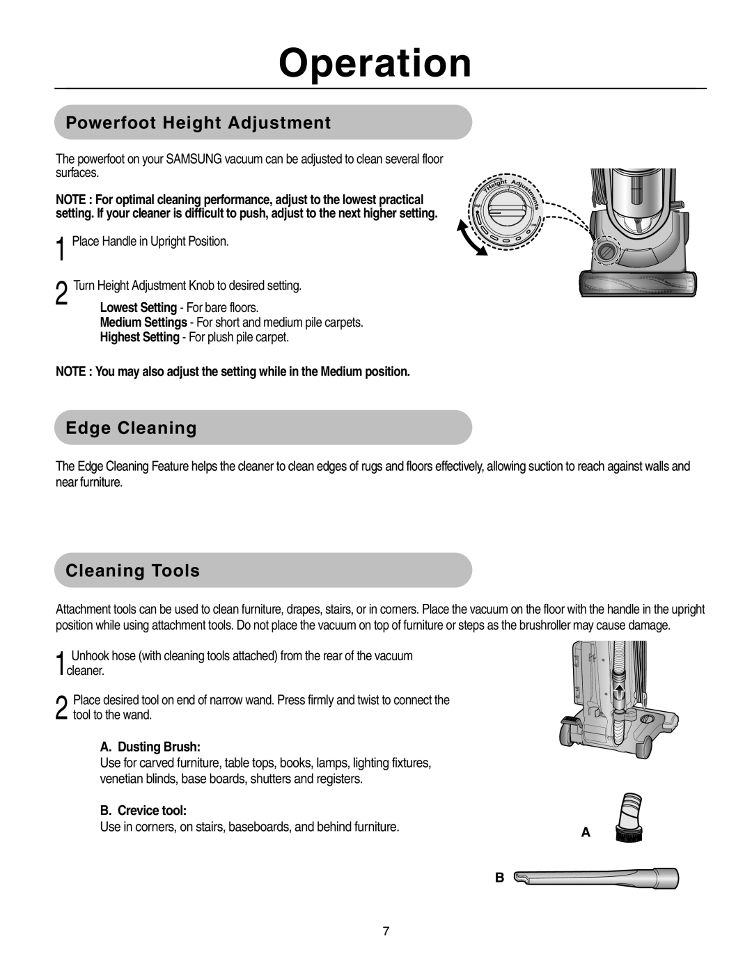 Samsung SU-8500 operating instructions Powerfoot Height Adjustment, Edge Cleaning, Cleaning Tools 