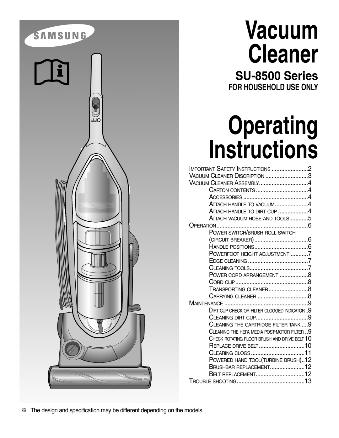 Samsung operating instructions For Household Use Only, Vacuum Cleaner, Operating Instructions, SU-8500Series 