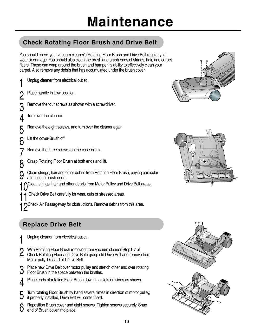 Samsung SU-8500 operating instructions 2 3, Check Rotating Floor Brush and Drive Belt, Maintenance 