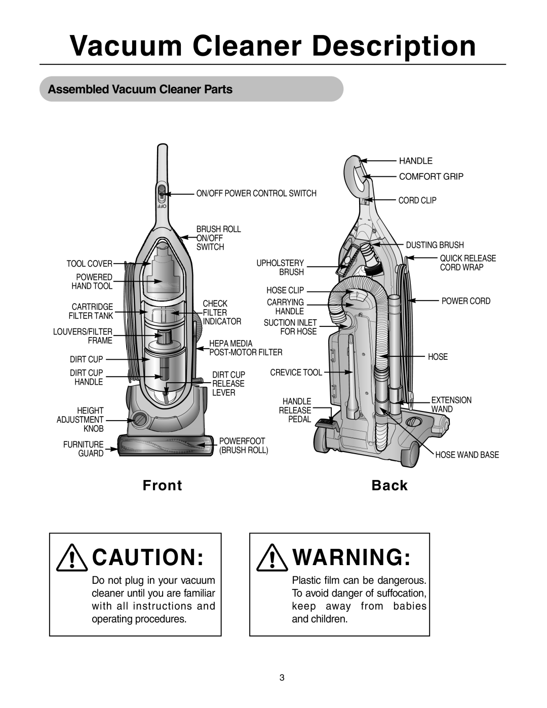 Samsung SU-8500 operating instructions Vacuum Cleaner Description, Front, Back, Assembled Vacuum Cleaner Parts 