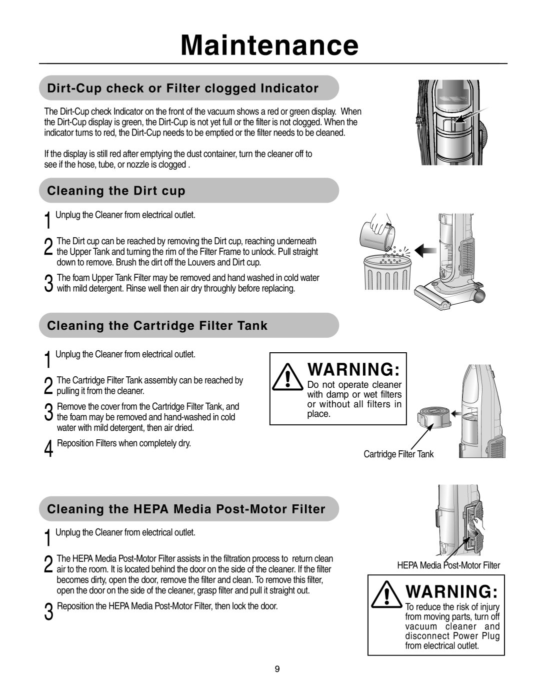 Samsung SU-8500 operating instructions Maintenance, Dirt-Cupcheck or Filter clogged Indicator, Cleaning the Dirt cup 