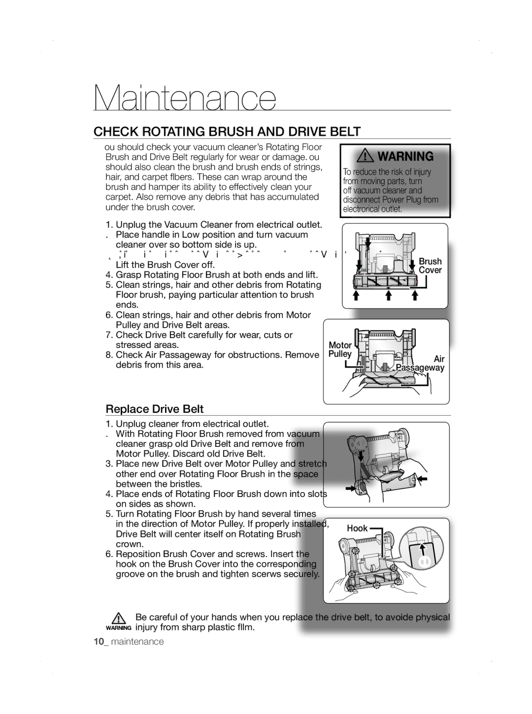 Samsung SU33 Series user manual Check Rotating Brush and Drive Belt, Lift the Brush Cover off, Hook 