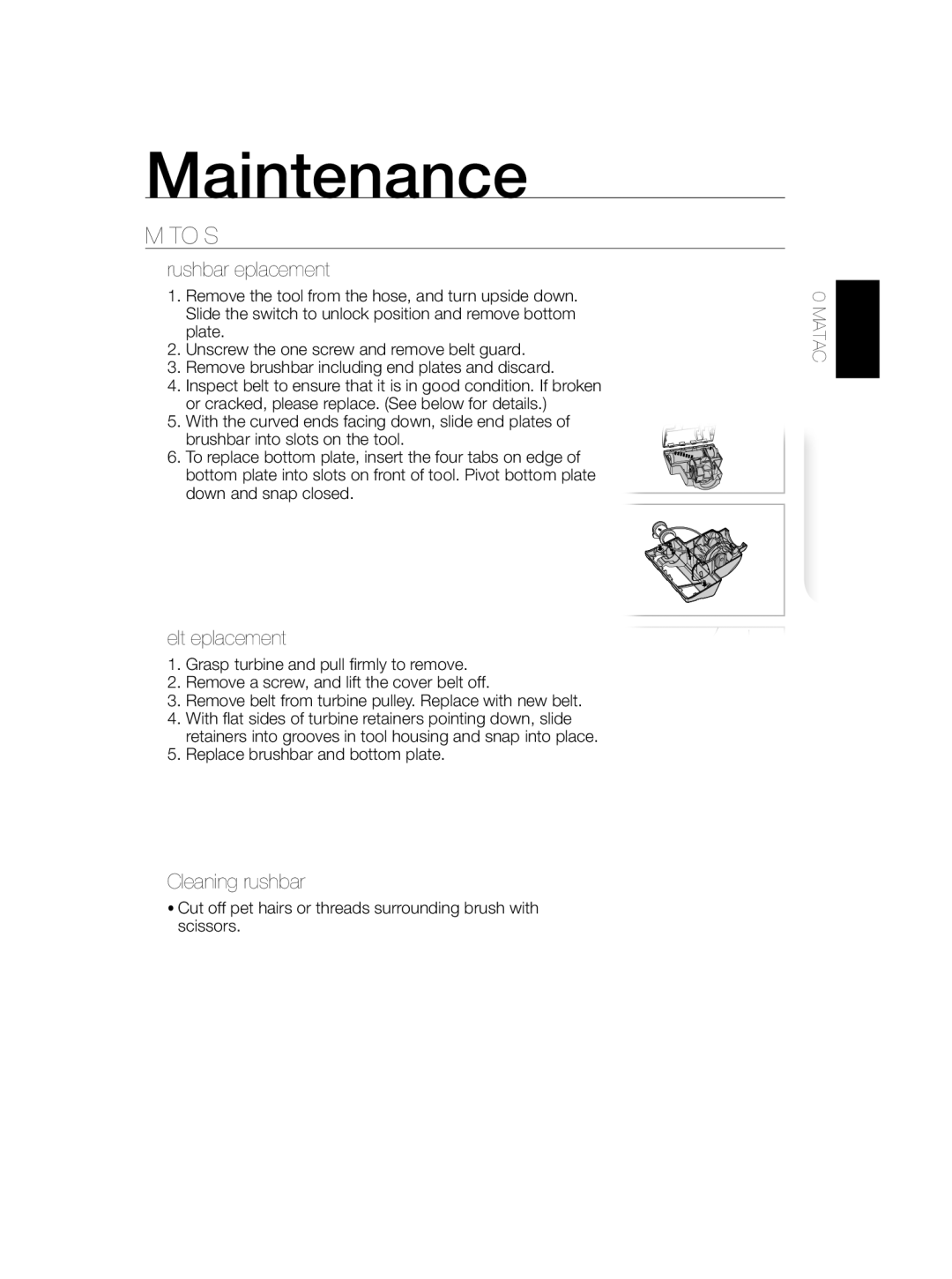 Samsung SU33 Series user manual Mini Turbo Brush, Replace brushbar and bottom plate 