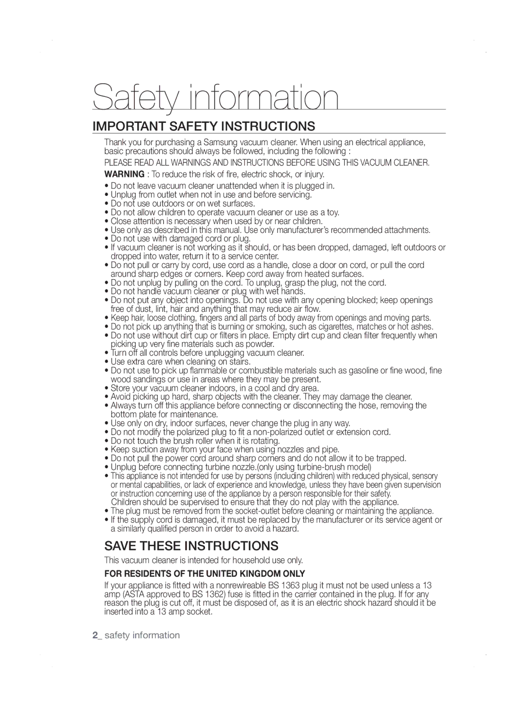 Samsung SU33 Series user manual Safety information, IMpORTANT Safety INSTRUcTIONS 