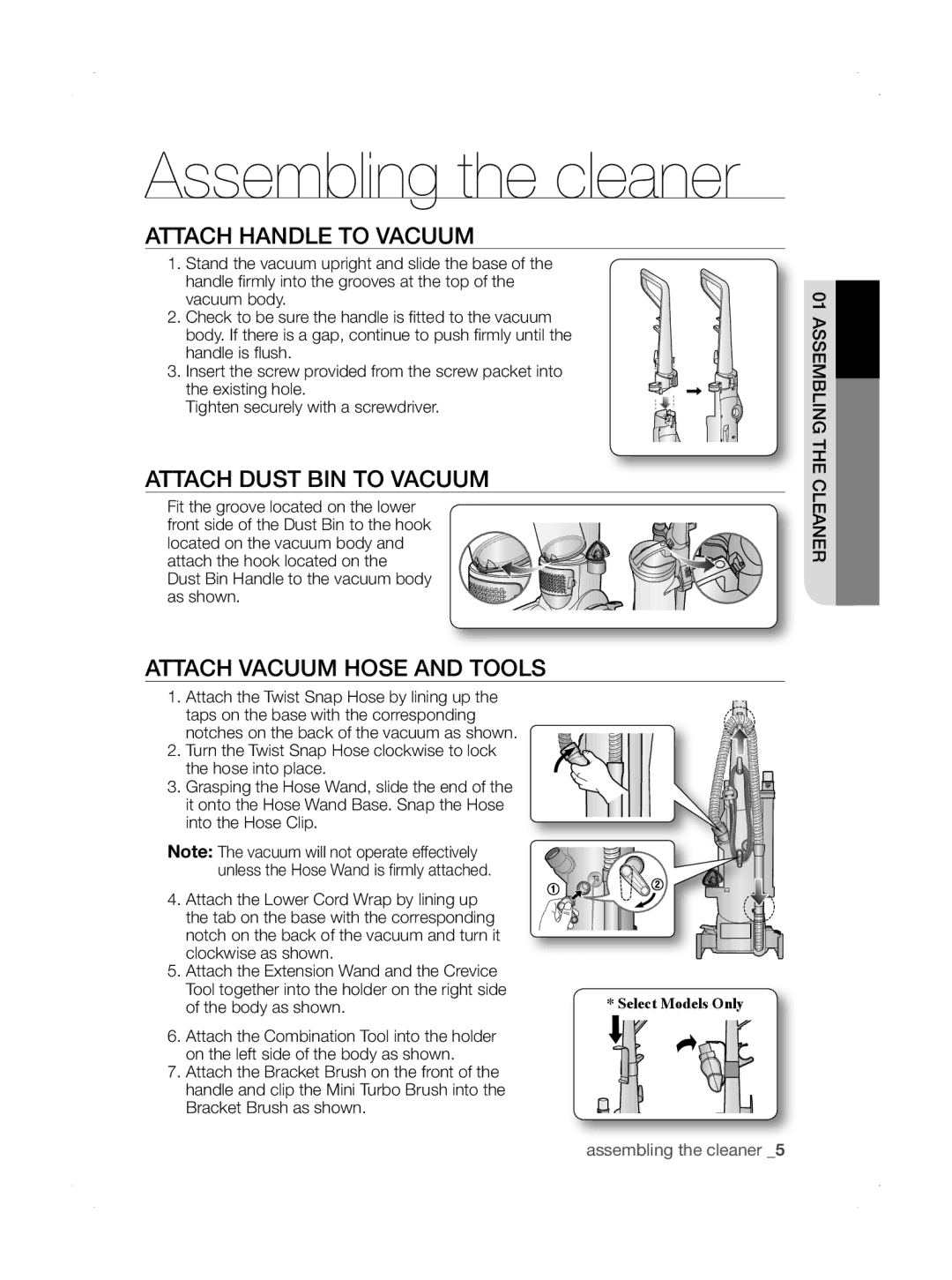 Samsung SU33 Series user manual Attach Handle To Vacuum, Attach Dust Bin To Vacuum, Attach Vacuum Hose and Tools 