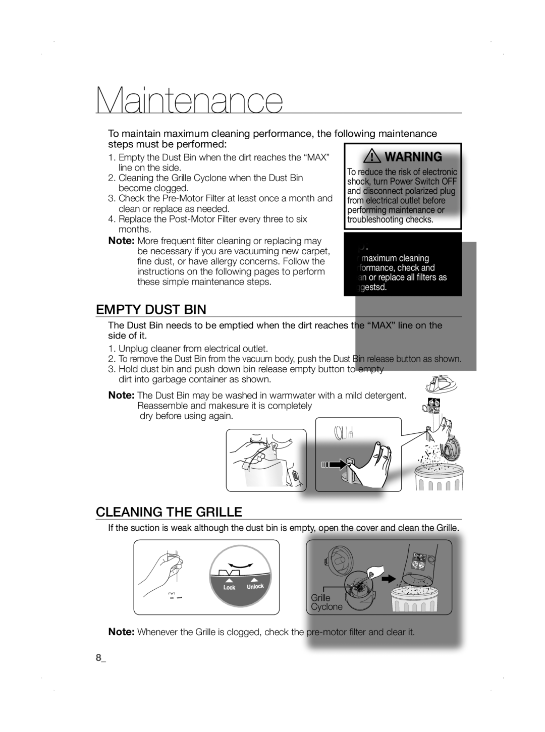 Samsung SU33 Series user manual Maintenance, Empty Dust Bin, Cleaning the Grille 