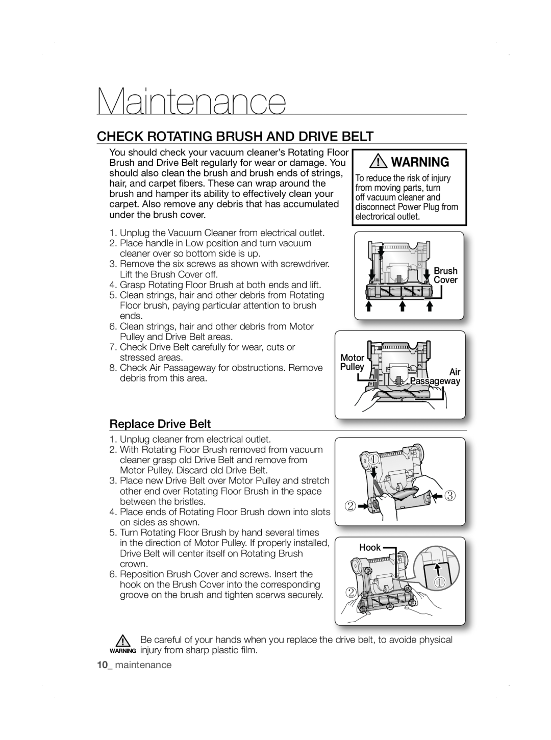 Samsung SU33 Series user manual Check Rotating Brush and Drive Belt, Replace Drive Belt, maintenance, Maintenance, ① ③ ② 