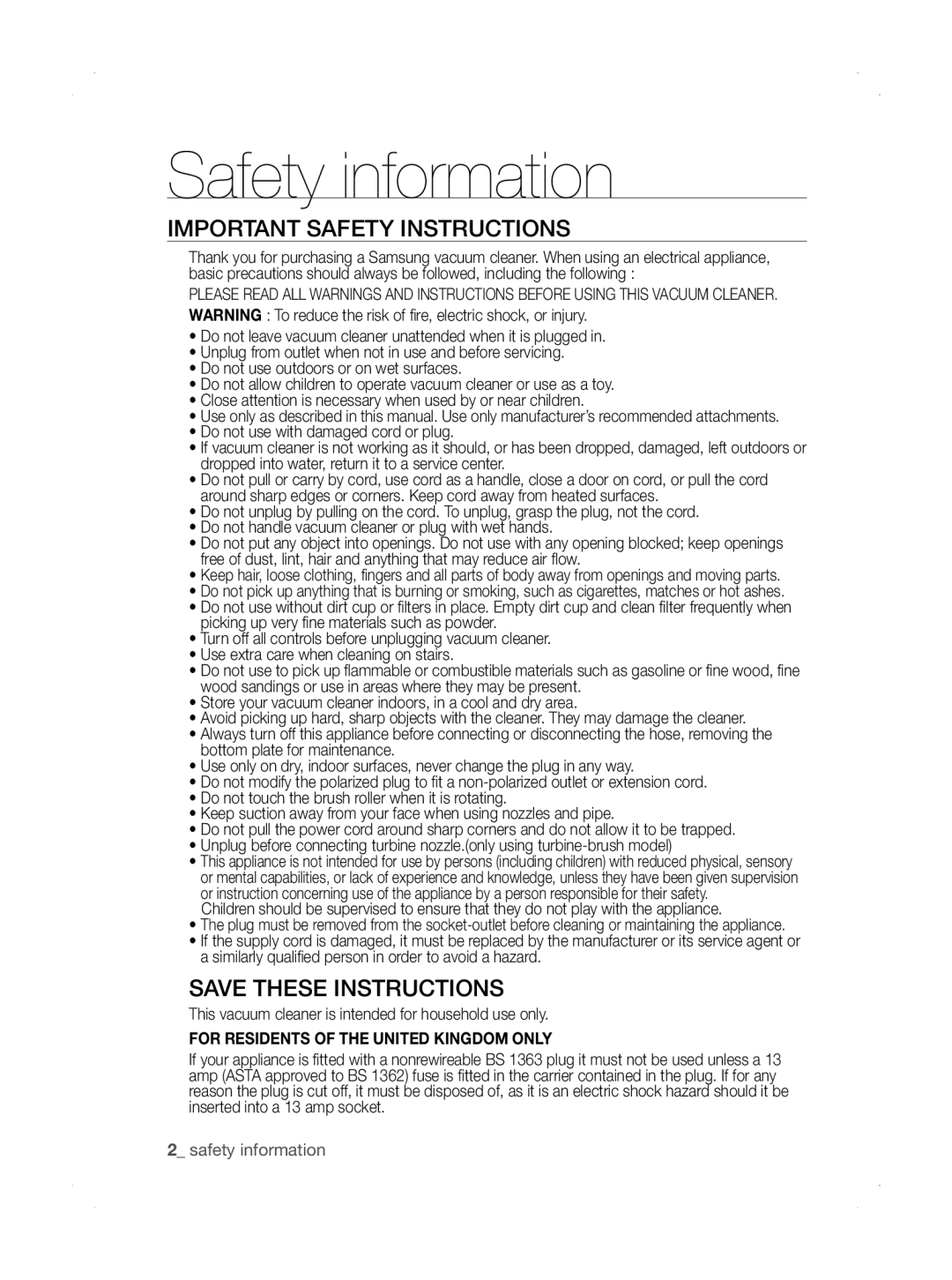 Samsung SU33 Series Safety information, IMpORTANT SAFETY INSTRUcTIONS, Save These Instructions, safety information 