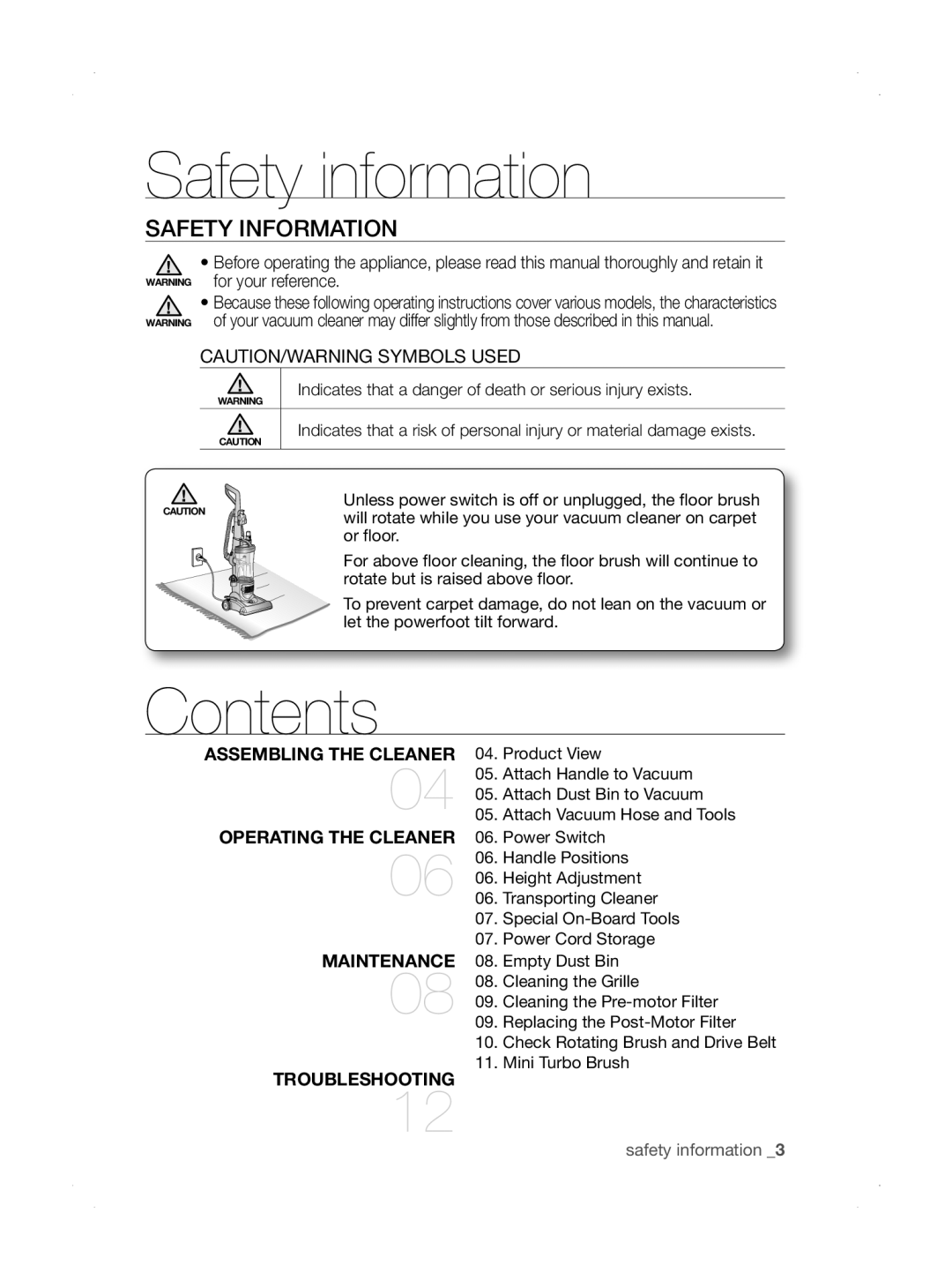 Samsung SU33 Series user manual Contents, Safety Information, assembling the cleaner, OpeRATING The CleANeR, maintenance 