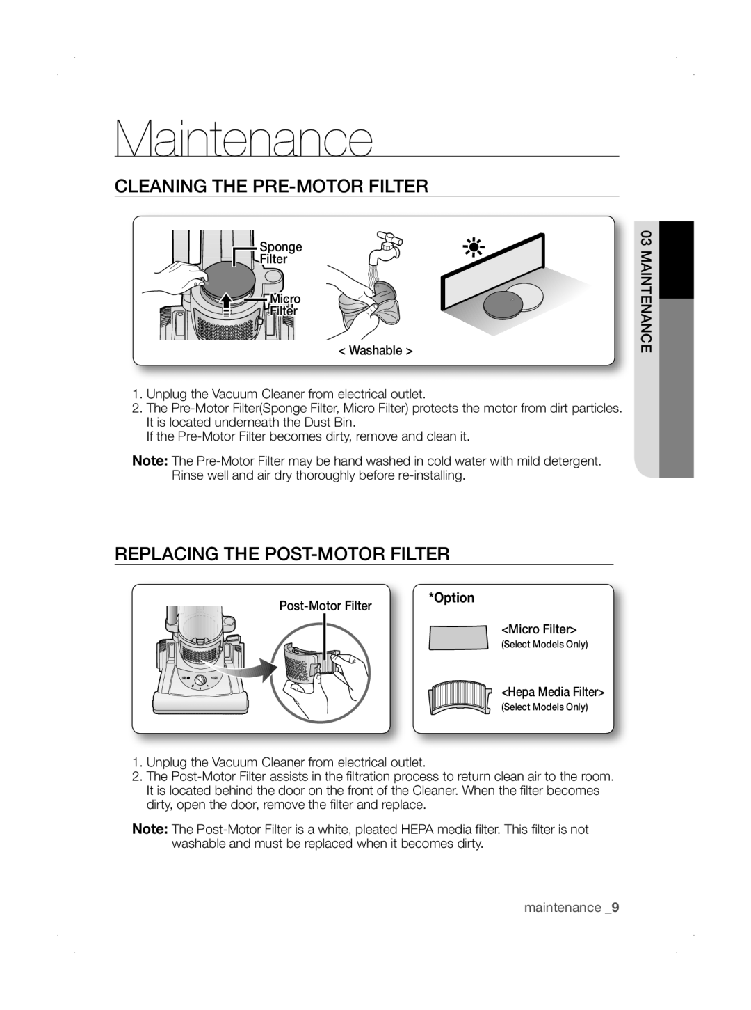 Samsung SU33 Series user manual cleanINg the Pre-Motor Filter, ReplAciNg THE POST-MOTOR FILTER, maintenance, Maintenance 