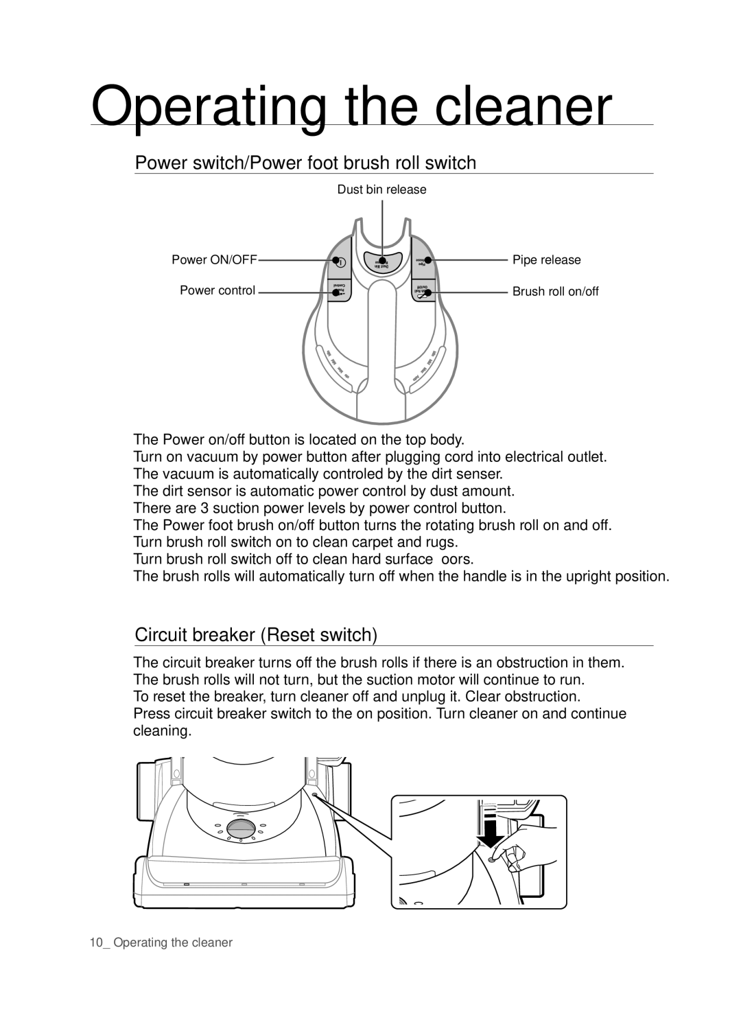 Samsung SU9380, DJ68-00264B user manual Power switch/Power foot brush roll switch, Circuit breaker Reset switch 