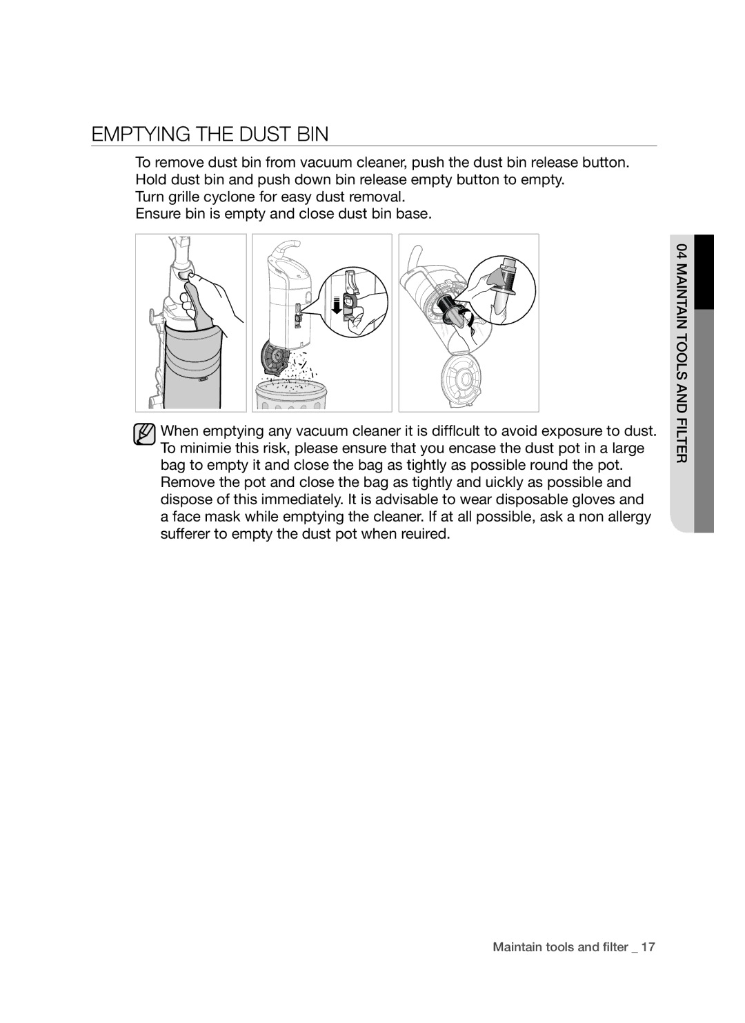 Samsung DJ68-00264B, SU9380 user manual EMpTYINg ThE duST bIN 