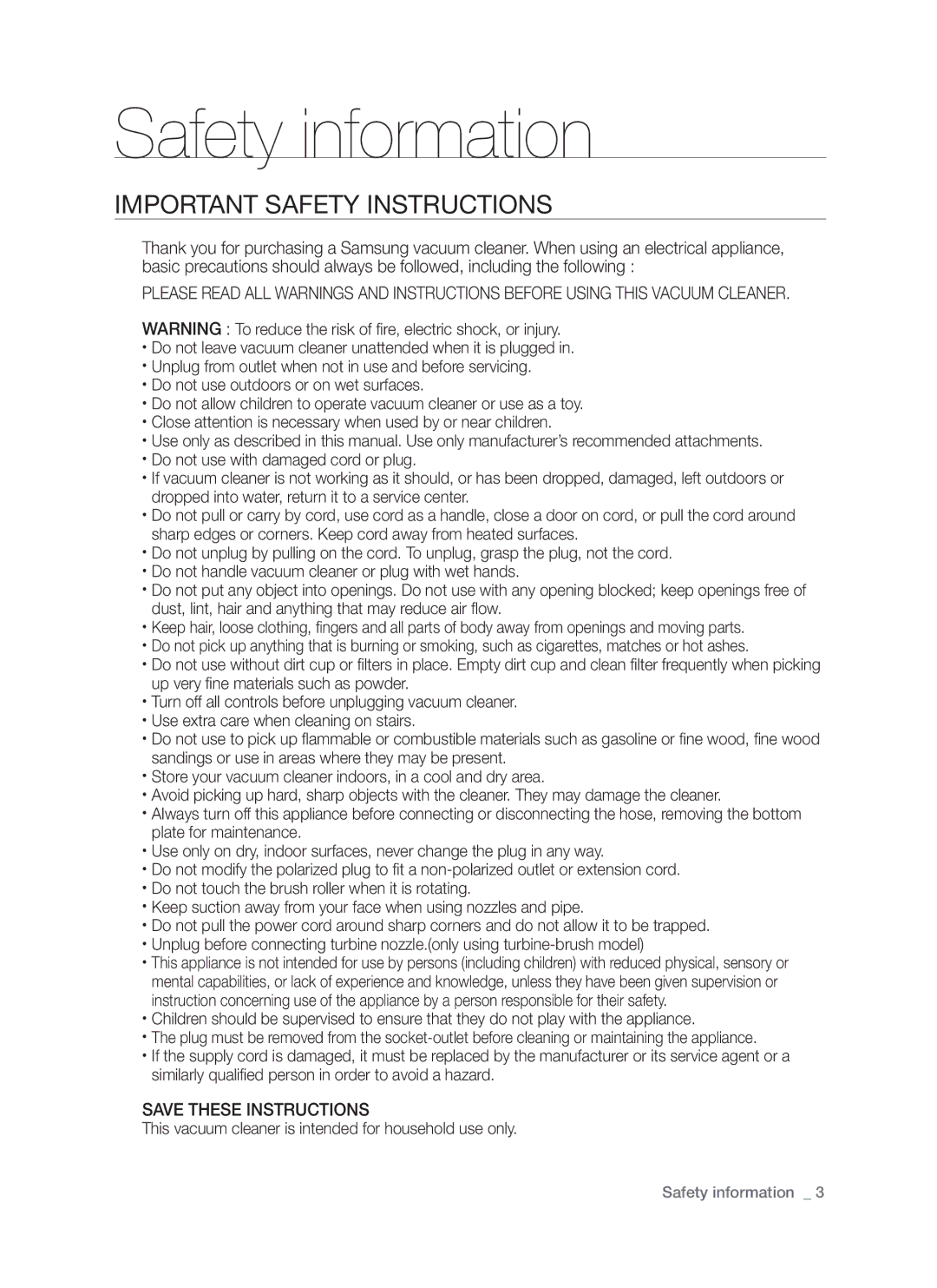 Samsung DJ68-00264B, SU9380 user manual IMpORTANT Safety INSTRucTIONS 