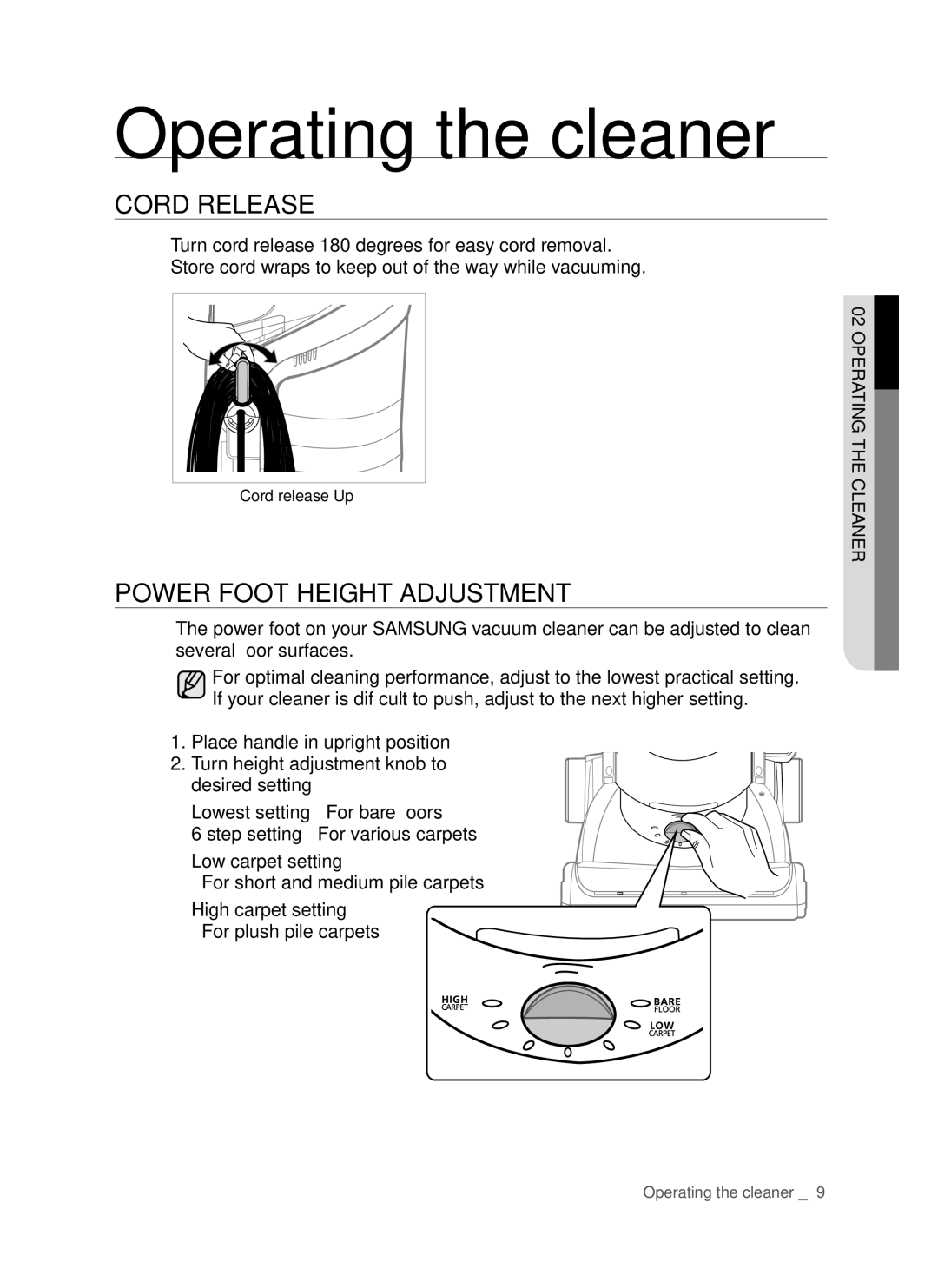 Samsung DJ68-00264B, SU9380 Operating the cleaner, CORd RElEASE, POwER Foot hEIghT AdjuSTMENT, HlEANERTg OpERATIN 