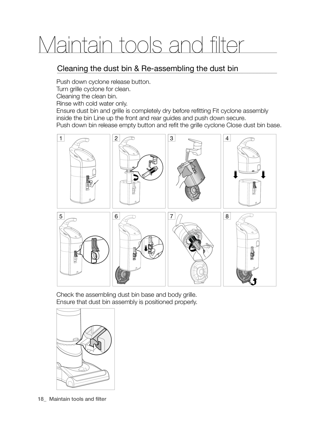 Samsung SU9380, DJ68-00264B user manual Cleaning the dust bin & Re-assemblingthe dust bin, Maintain tools and filter 