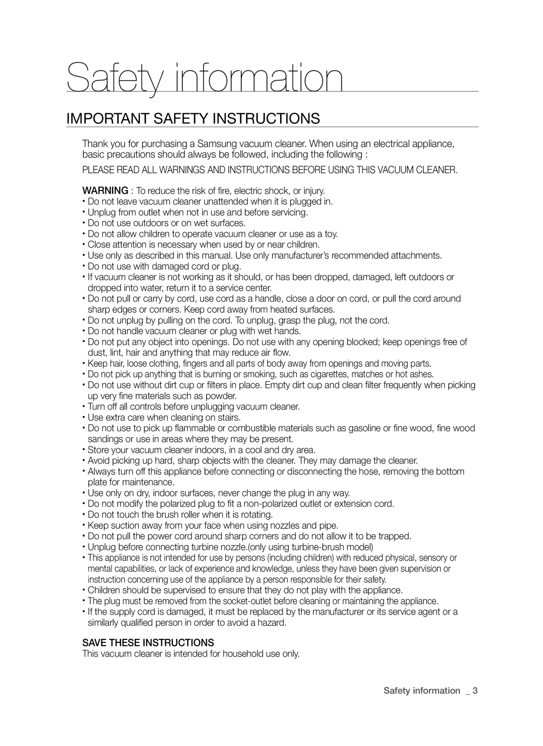 Samsung DJ68-00264B, SU9380 user manual IMpORTANT SAFETY INSTRucTIONS, Safety information, Save These Instructions 