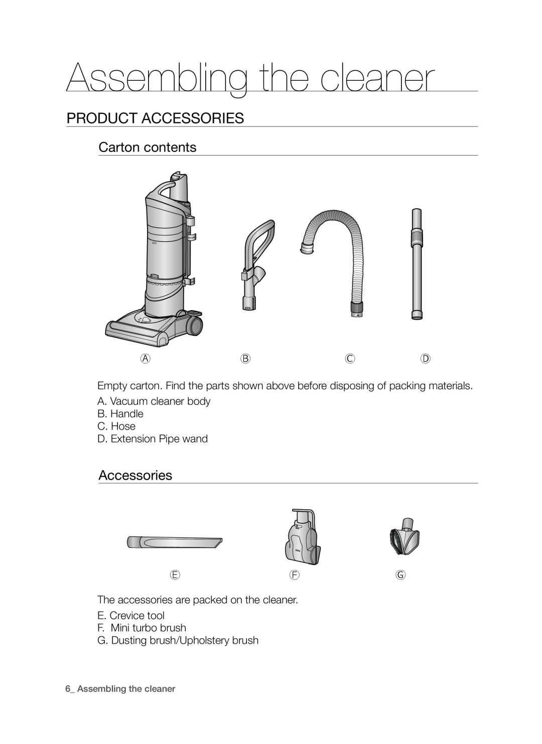 Samsung SU9380, DJ68-00264B user manual Accessories, Assembling the cleaner, Product accessories, Carton contents 