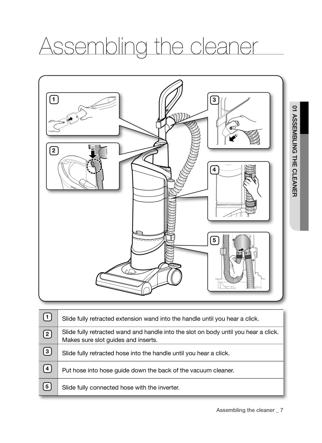 Samsung DJ68-00264B, SU9380 user manual Assembling the cleaner, c hlEANERTg 01 ASSEMblIN 