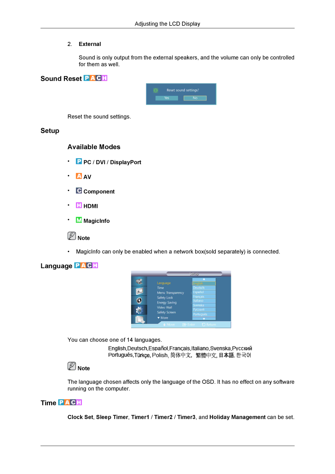 Samsung SUR40, 460DR-2, NP200A5BA03US, TC190-2/4 user manual Sound Reset, Setup Available Modes, Language, Time, External 