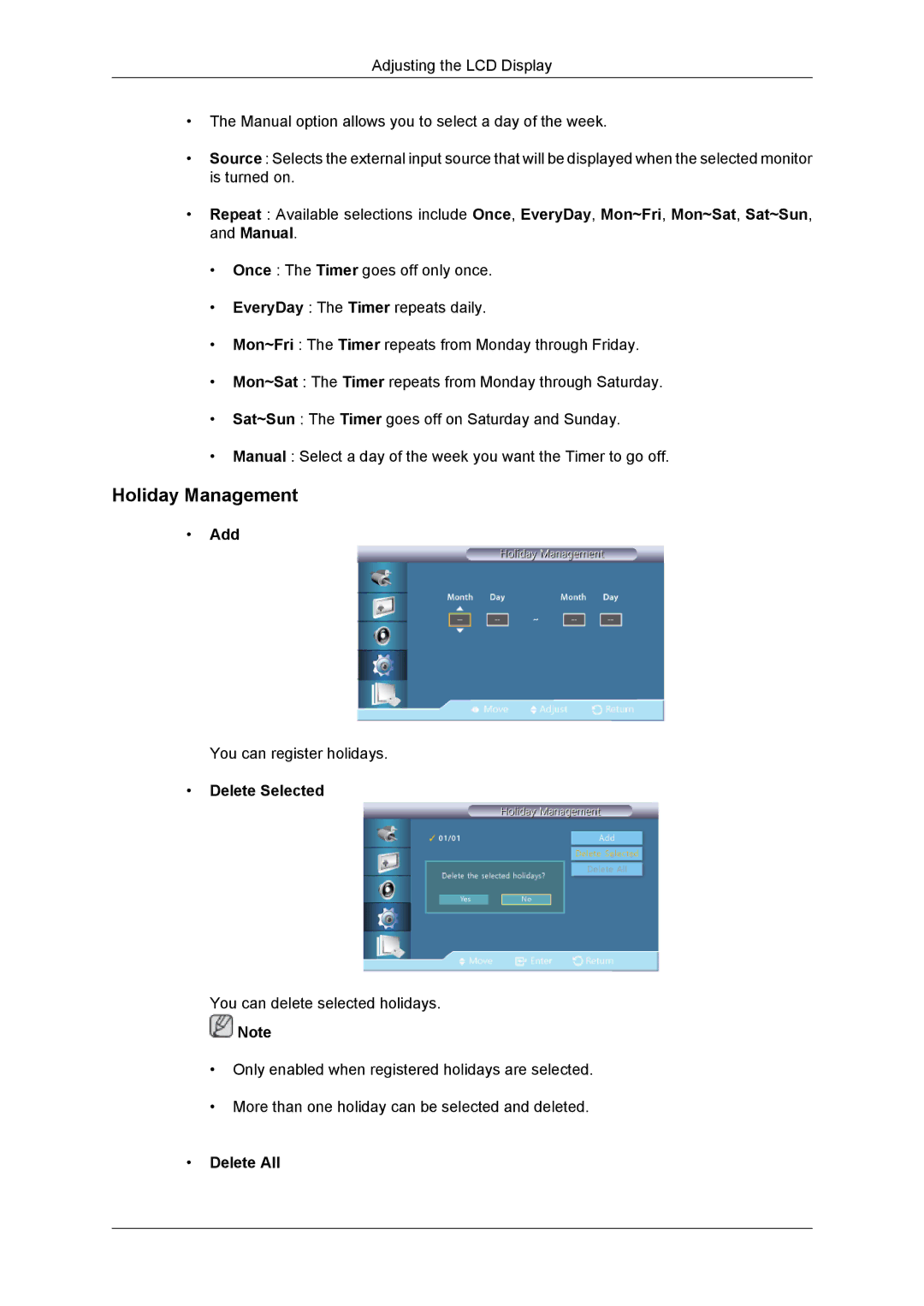 Samsung NP200A5BA03US, SUR40, 460DR-2, TC190-2/4 user manual Holiday Management, Add, Delete Selected, Delete All 