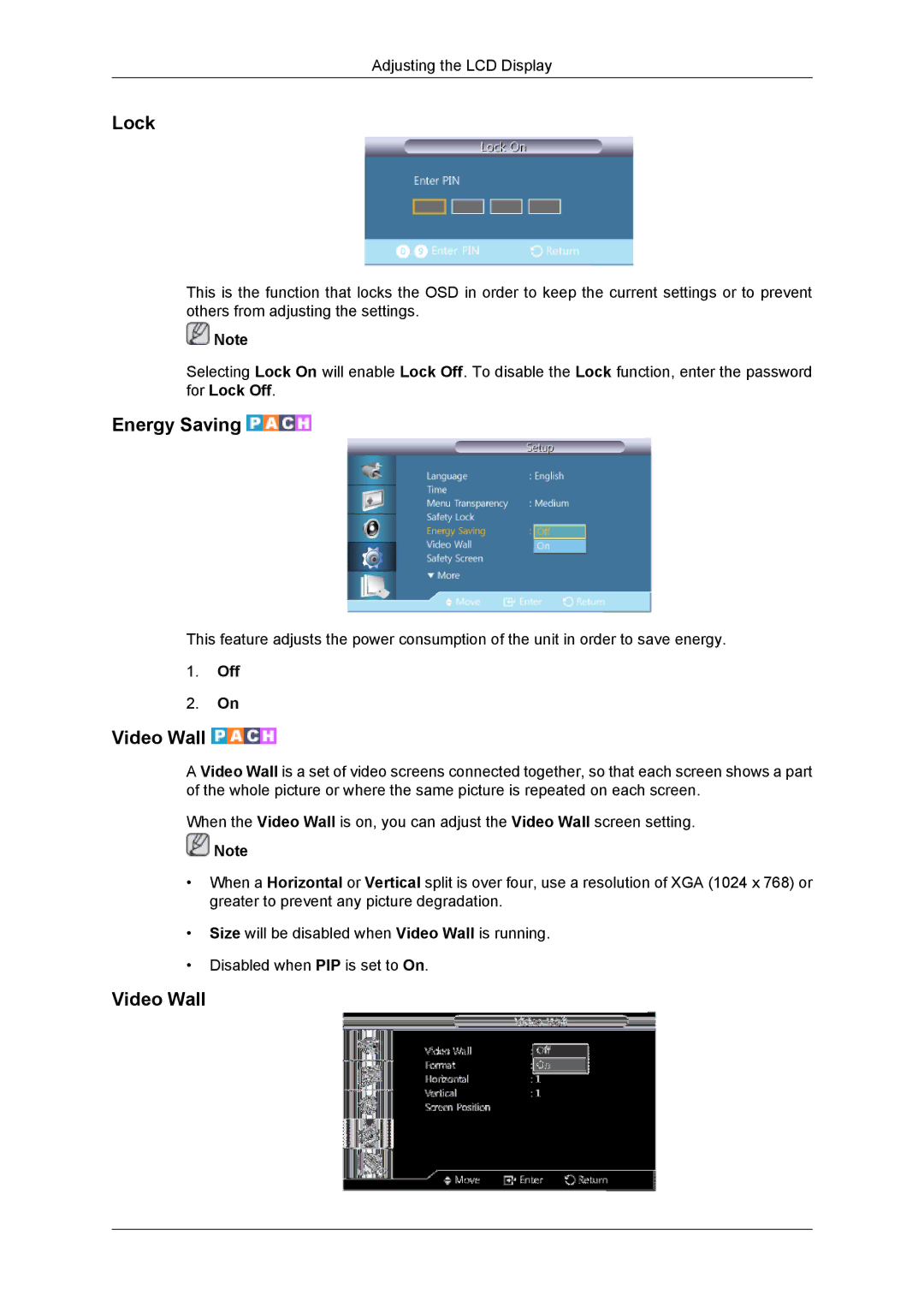 Samsung SUR40, 460DR-2, NP200A5BA03US, TC190-2/4 user manual Lock, Energy Saving, Video Wall 