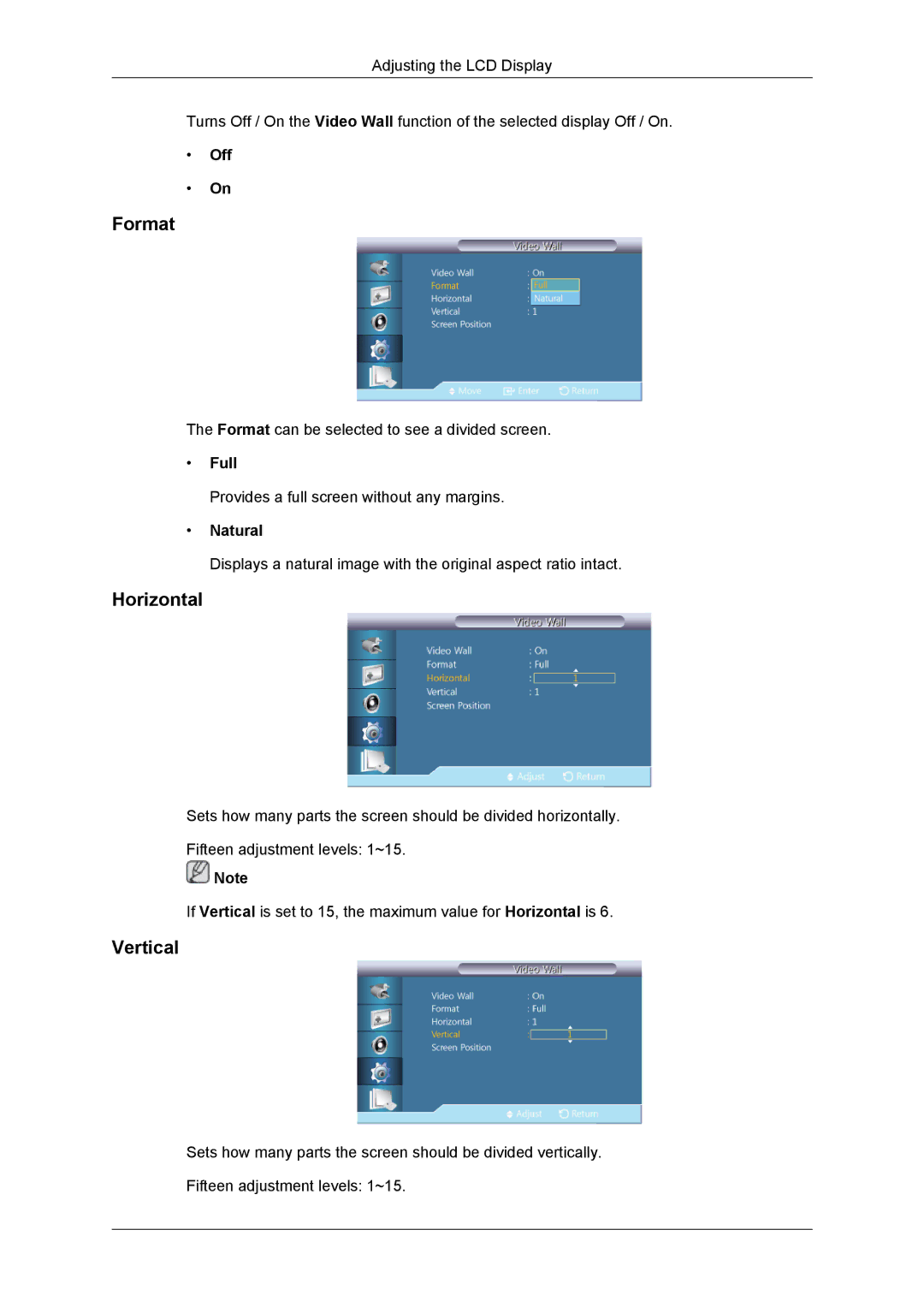 Samsung 460DR-2, SUR40, NP200A5BA03US, TC190-2/4 user manual Format, Horizontal, Vertical, Full 