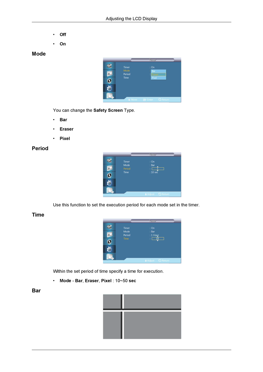 Samsung SUR40, 460DR-2, NP200A5BA03US, TC190-2/4 user manual Period, Bar Eraser Pixel, Mode Bar, Eraser, Pixel 10~50 sec 