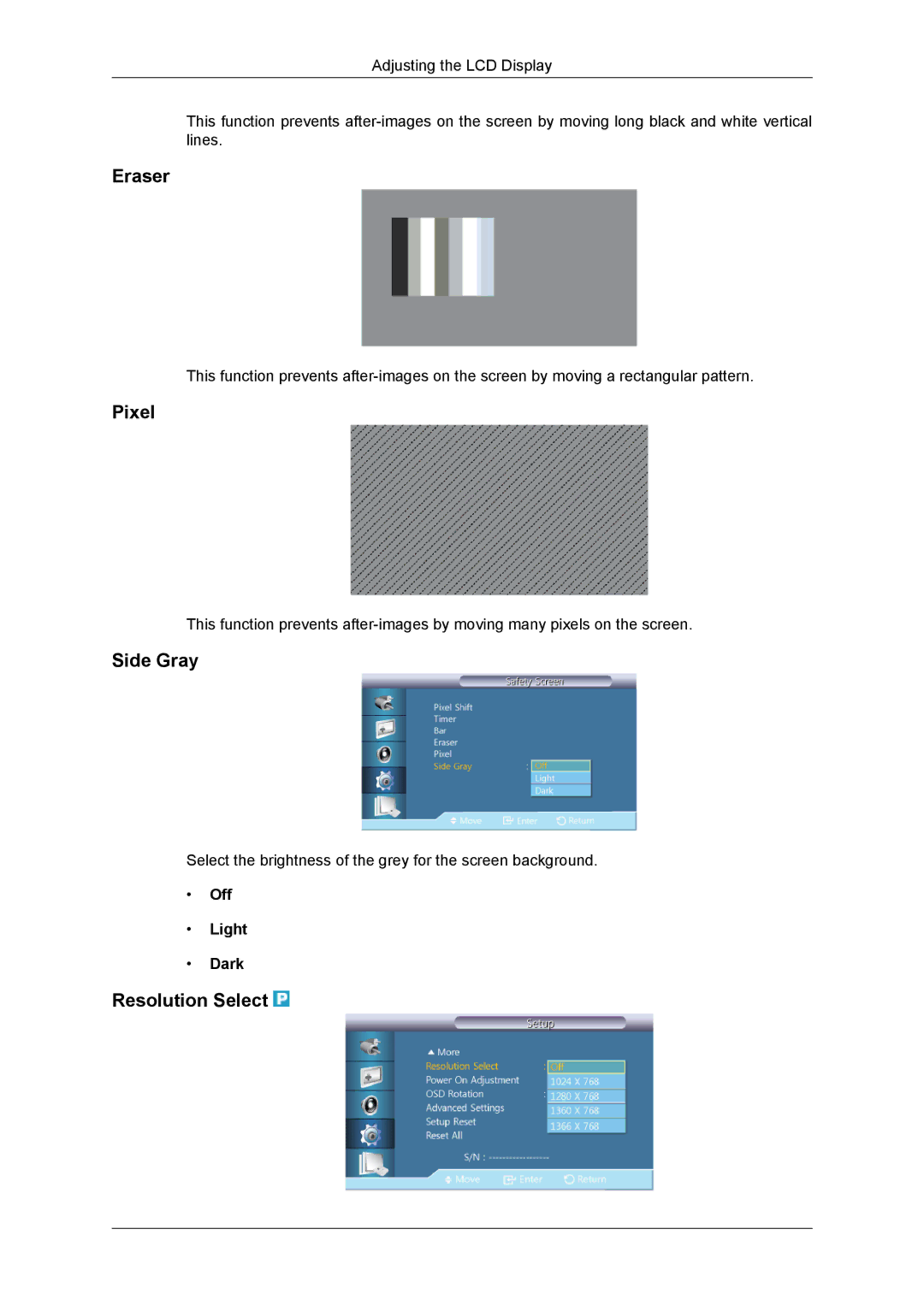 Samsung 460DR-2, SUR40, NP200A5BA03US, TC190-2/4 user manual Eraser, Pixel, Side Gray, Resolution Select, Off Light Dark 