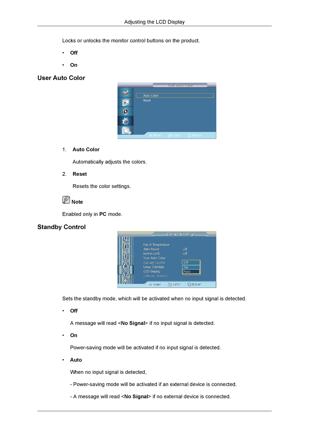 Samsung 460DR-2, SUR40, NP200A5BA03US, TC190-2/4 user manual User Auto Color, Standby Control, Reset 