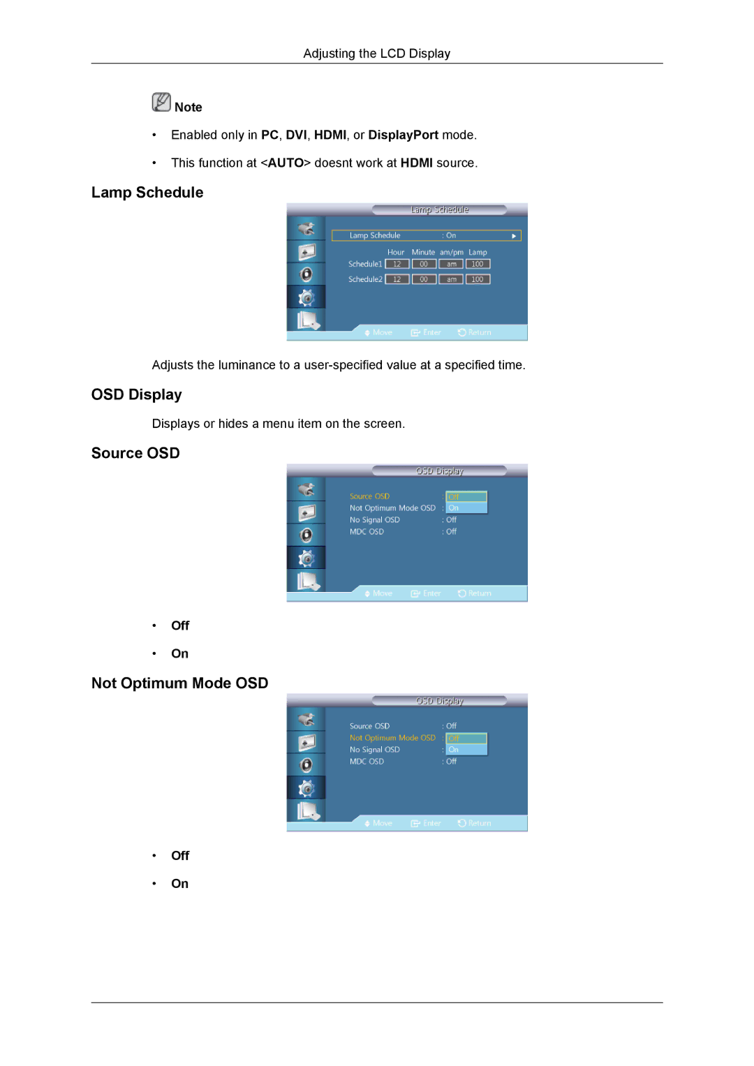 Samsung NP200A5BA03US, SUR40, 460DR-2, TC190-2/4 user manual Lamp Schedule, OSD Display, Source OSD, Not Optimum Mode OSD 