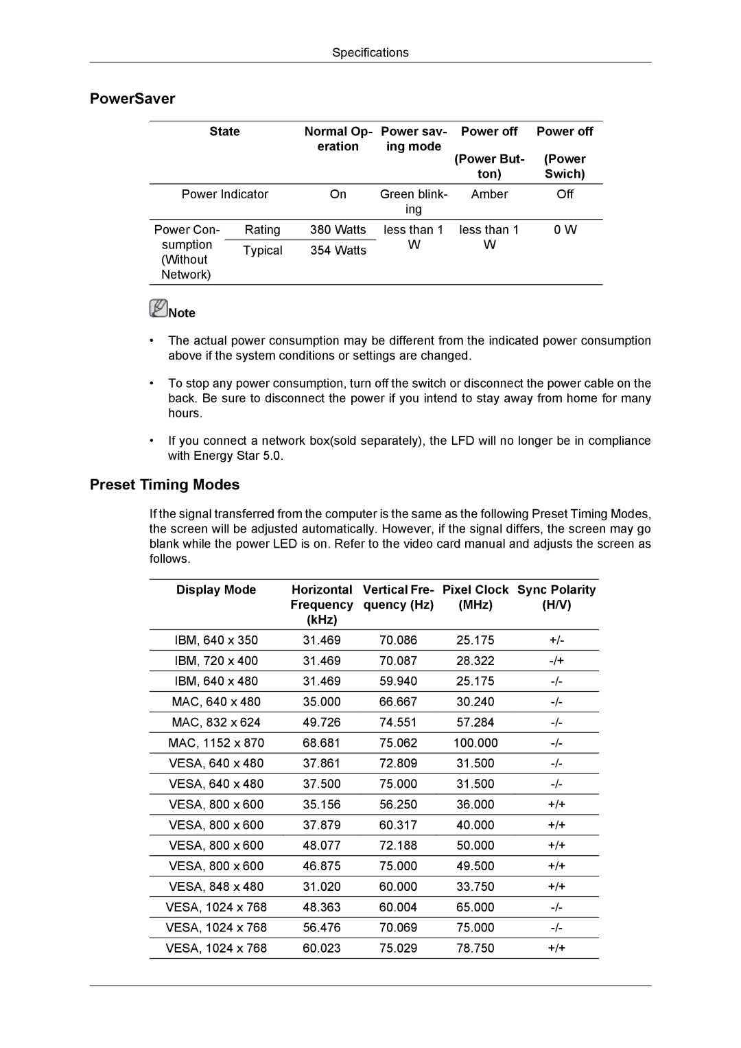 Samsung NP200A5BA03US, SUR40, 460DR-2, TC190-2/4 user manual Preset Timing Modes 