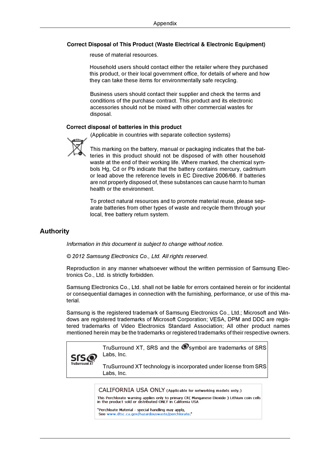 Samsung TC190-2/4, SUR40, 460DR-2, NP200A5BA03US user manual Authority, Correct disposal of batteries in this product 