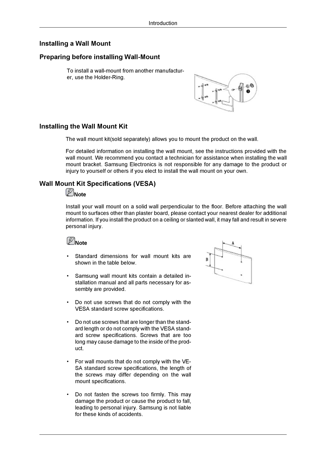 Samsung SUR40, 460DR-2, NP200A5BA03US, TC190-2/4 user manual Installing the Wall Mount Kit, Wall Mount Kit Specifications Vesa 