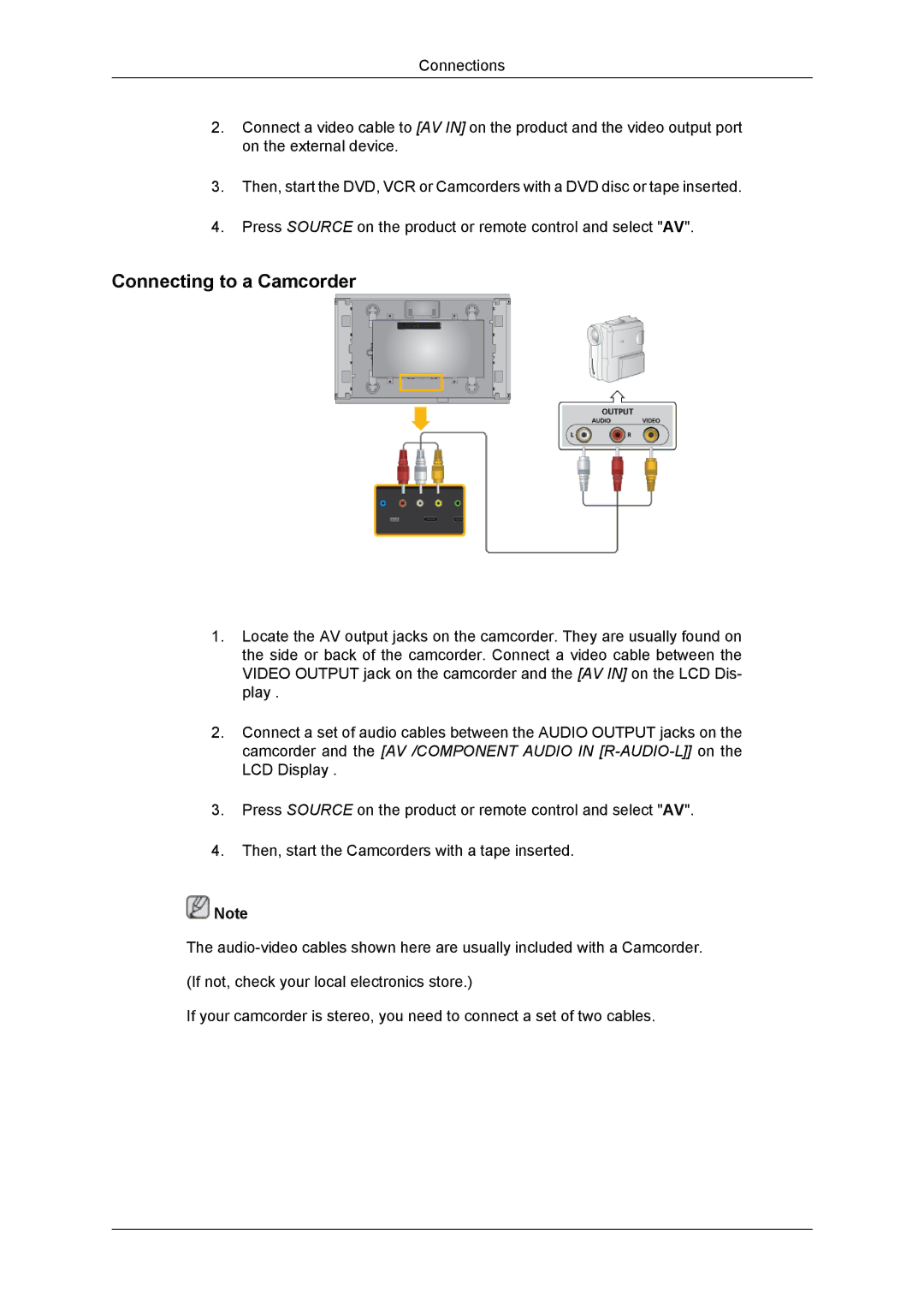 Samsung 460DR-2, SUR40, NP200A5BA03US, TC190-2/4 user manual Connecting to a Camcorder 