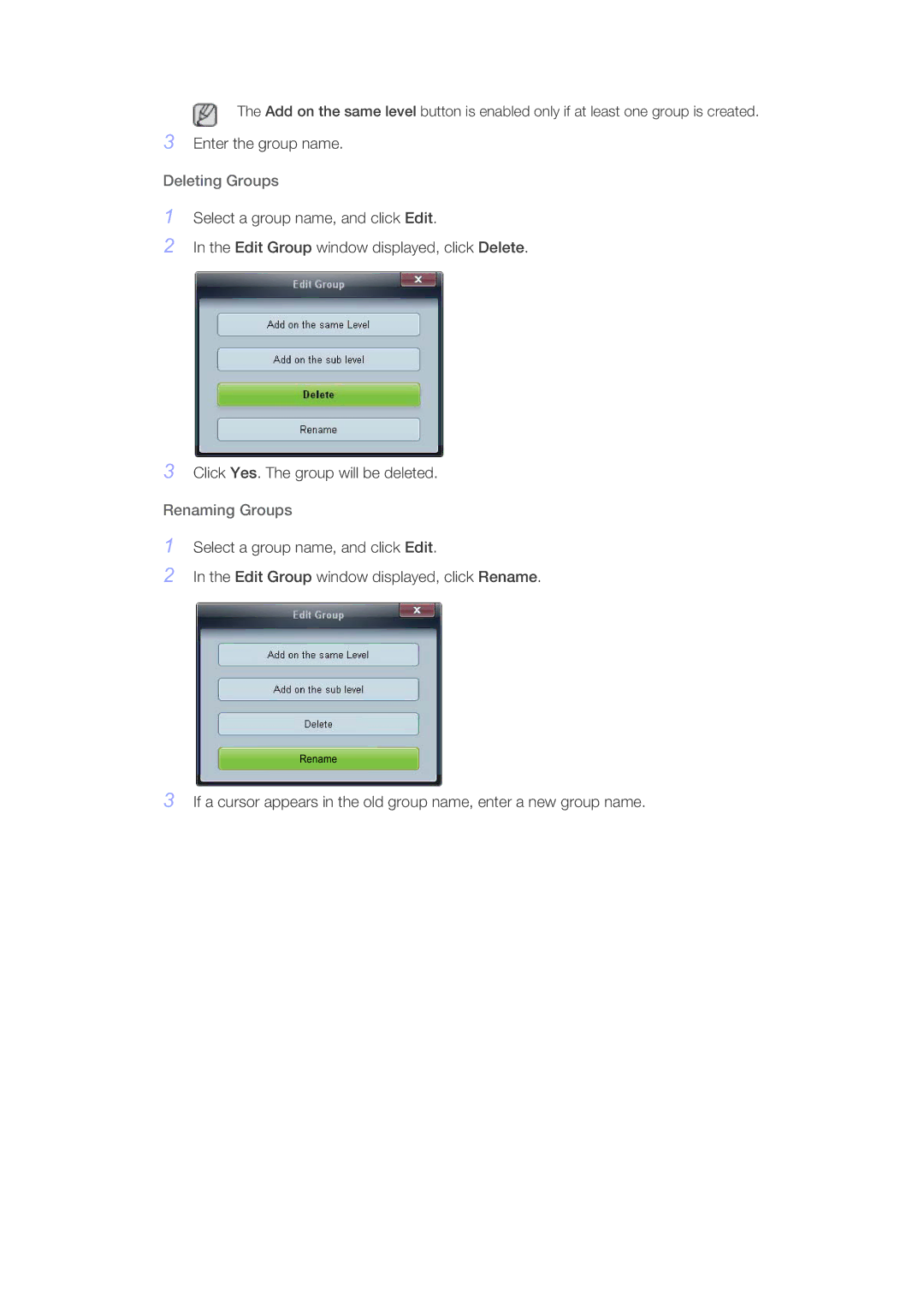 Samsung TC190-2/4, SUR40, 460DR-2, NP200A5BA03US user manual Deleting Groups, Renaming Groups 