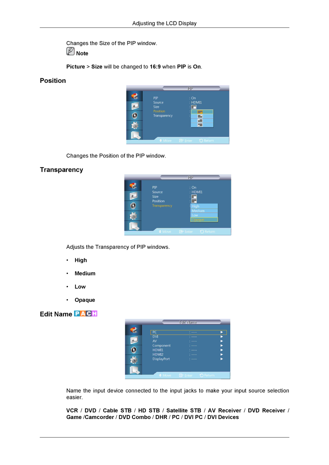 Samsung NP200A5BA03US, SUR40, 460DR-2, TC190-2/4 user manual Position, Transparency, Edit Name, High Medium Low Opaque 