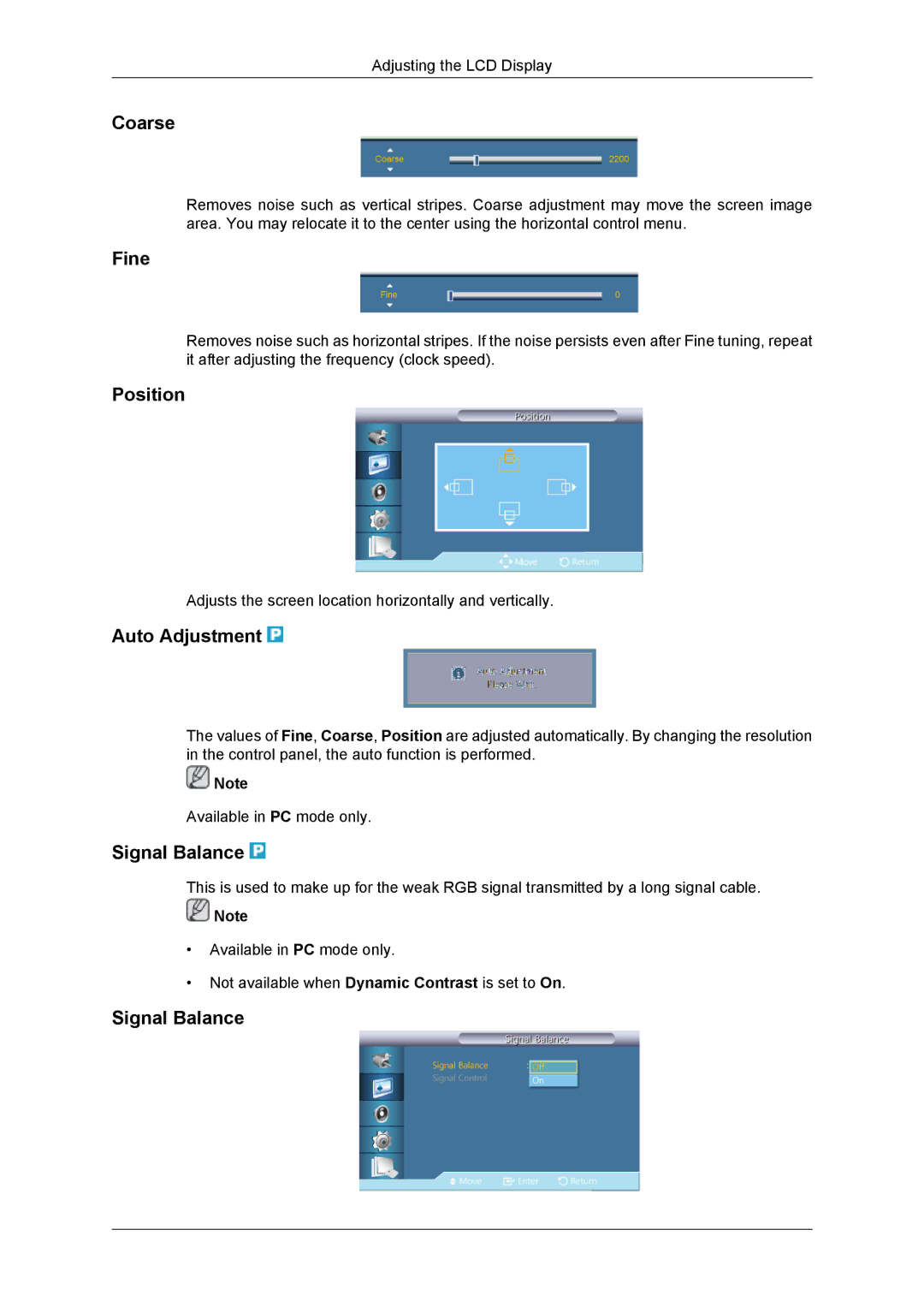 Samsung SUR40, 460DR-2, NP200A5BA03US, TC190-2/4 user manual Coarse, Fine, Auto Adjustment, Signal Balance 