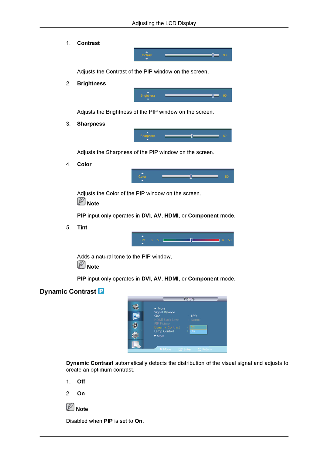 Samsung NP200A5BA03US, SUR40, 460DR-2, TC190-2/4 user manual Dynamic Contrast, Color, Tint 