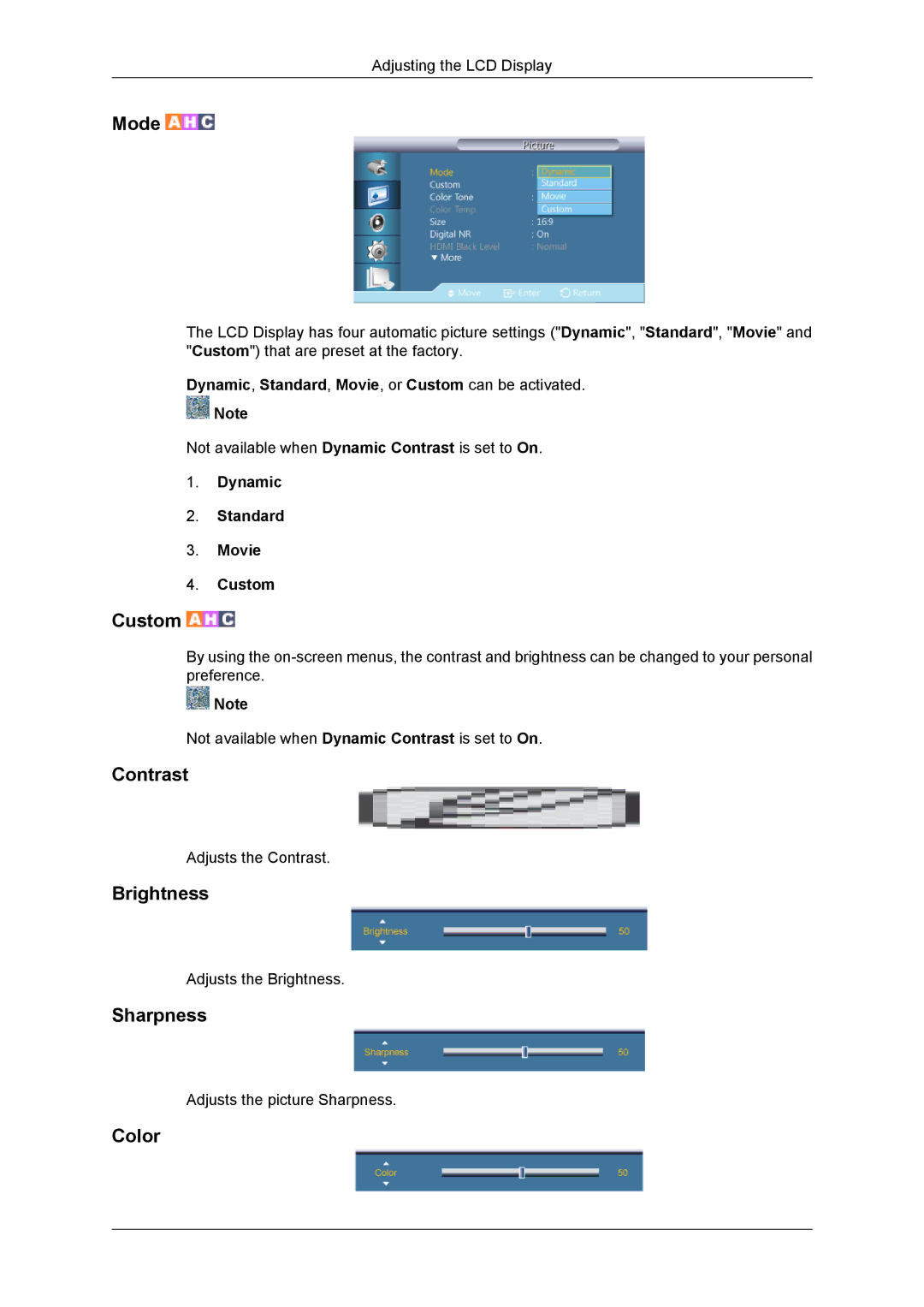 Samsung SUR40, 460DR-2, NP200A5BA03US, TC190-2/4 user manual Contrast, Brightness, Sharpness, Color 