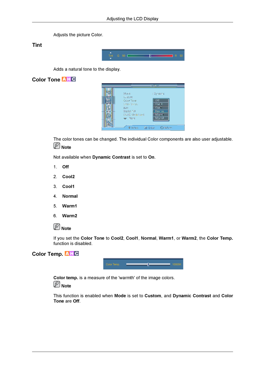 Samsung 460DR-2, SUR40, NP200A5BA03US, TC190-2/4 user manual Tint, Color Tone 