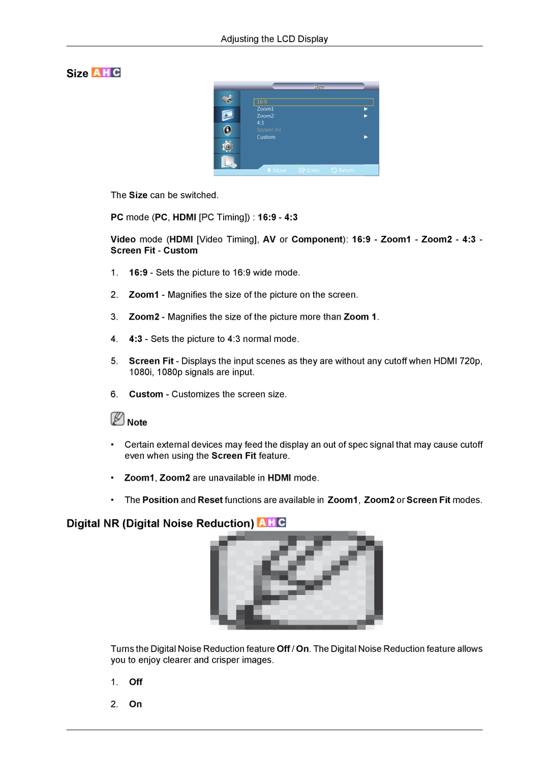 Samsung NP200A5BA03US, SUR40, 460DR-2, TC190-2/4 user manual Size, Digital NR Digital Noise Reduction 