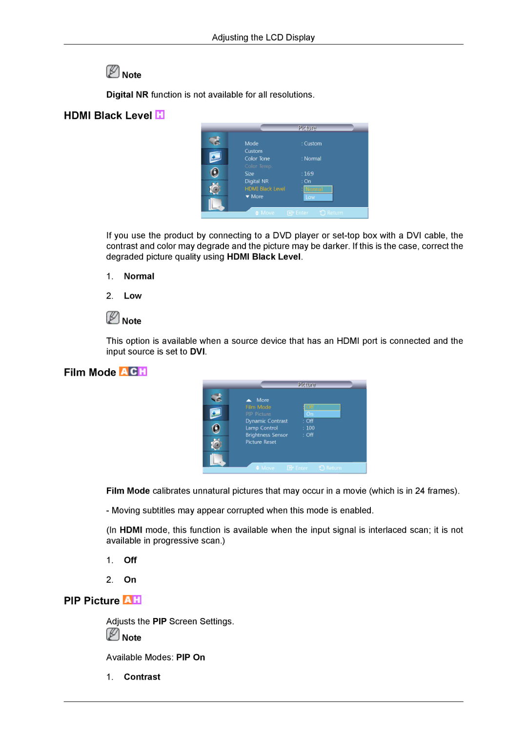 Samsung TC190-2/4, SUR40, 460DR-2, NP200A5BA03US user manual Hdmi Black Level, Film Mode, Normal Low 