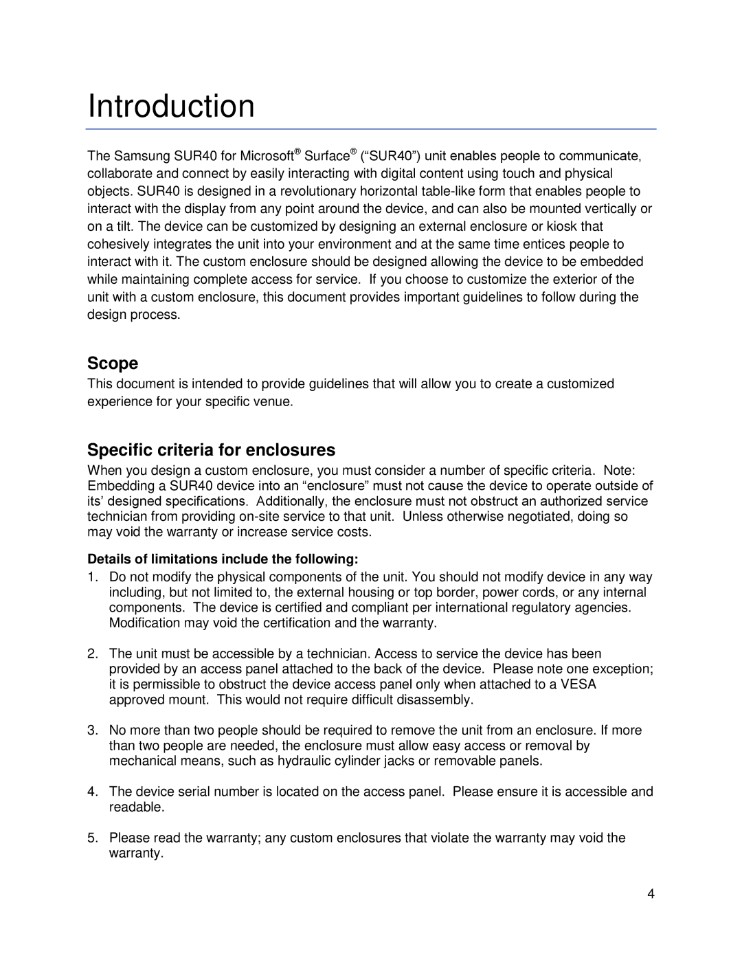 Samsung SUR40 manual Introduction, Scope, Specific criteria for enclosures 