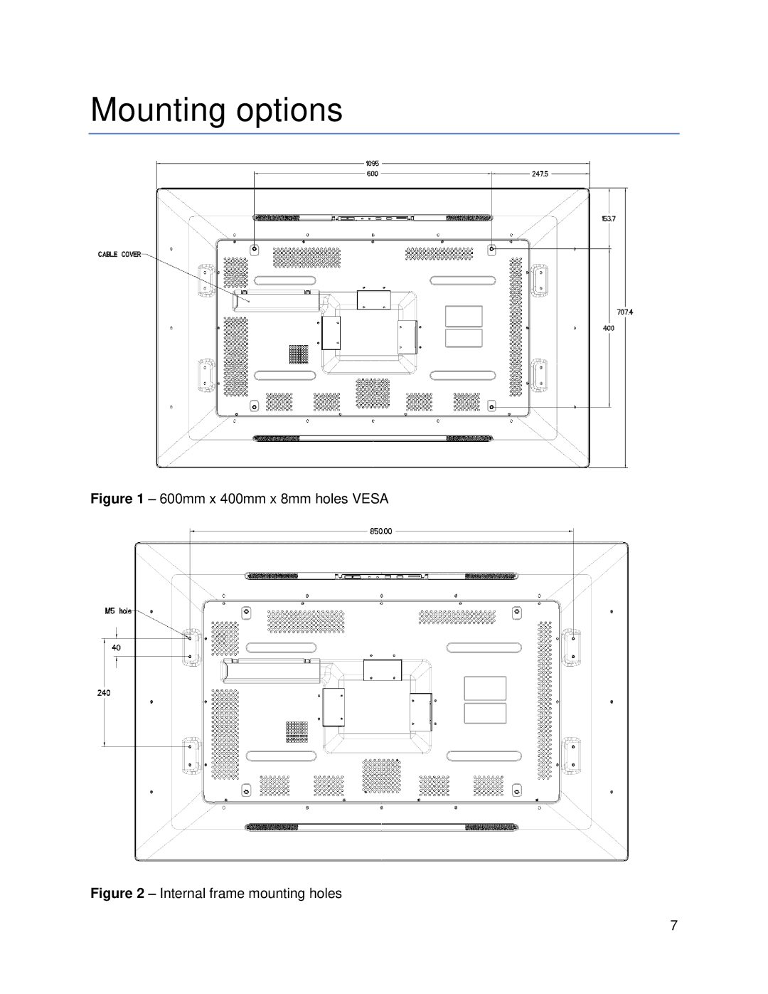 Samsung SUR40 manual Mounting options, 600mm x 400mm x 8mm holes Vesa 