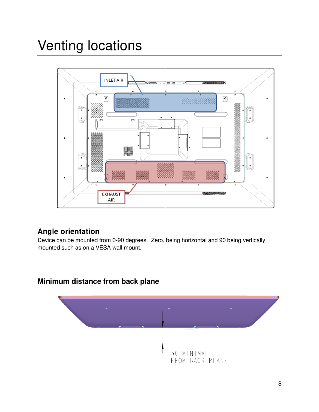 Samsung SUR40 manual Venting locations, Angle orientation, Minimum distance from back plane 