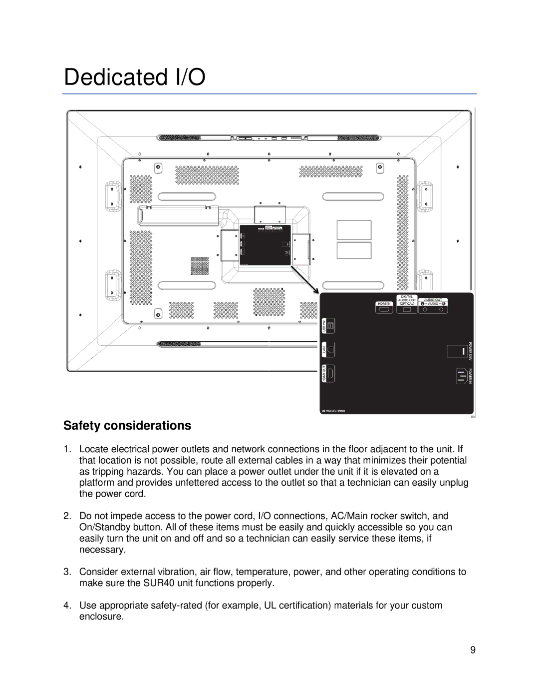 Samsung SUR40 manual Dedicated I/O, Safety considerations 