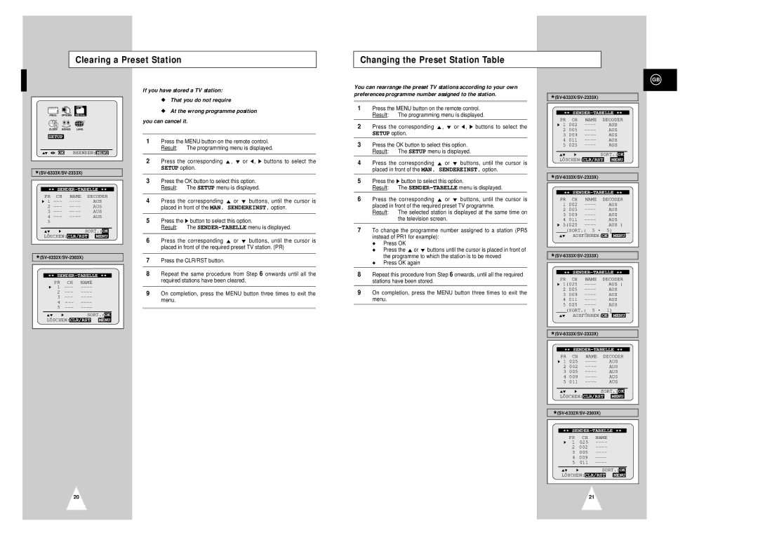 Samsung SV-6332X, SV-2303X, SV-6333X, SV-2333X instruction manual Clearing a Preset Station Changing the Preset Station Table 